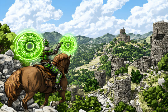 Fototapeta Futuristic knight on horseback surveys ancient ruins, wielding glowing green energy shields.  Epic fantasy landscape.