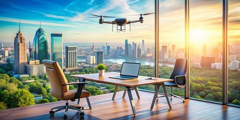 Fototapeta premium Aerial View of Modern Financial Investment and Freelance Programming Concepts with Digital Business Income Illustrations in a Dynamic Drone Photography Style