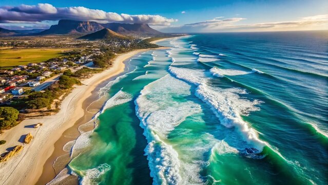 Aerial View of Majestic Waves Crashing on Pristine White Sandy Beach in Cape Town's Western Cape, South Africa - Coastal Beauty Captured from Above