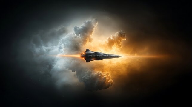 A cutting-edge spaceship accelerating toward a planetary colossus with vibrant oceans and towering clouds, cosmic rays lighting up the ship's metallic details, photo-realistic artistry, 80% 