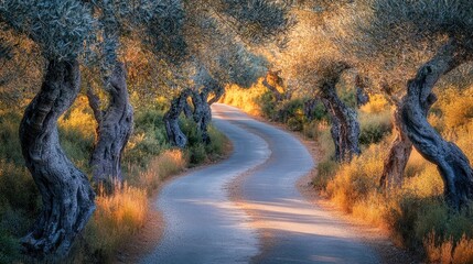 A rustic road passing through ancient olive groves, with silvery-green leaves and twisted tree trunks. The warm, golden light of early evening casts long shadows on the path.