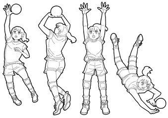 バレーボールをする女の子のイラストセット