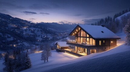 A beautifully lit ski chalet nestled in snowy mountains, under a peaceful winter night sky