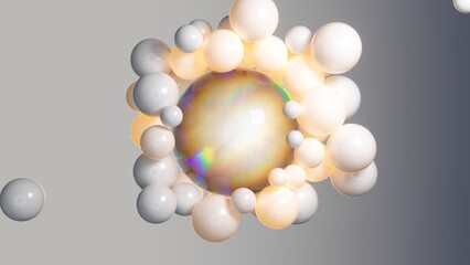 Large, iridescent sphere is surrounded by a cluster of smaller white and light yellow spheres, creating an abstract and visually appealing composition in a 3d rendered artwork