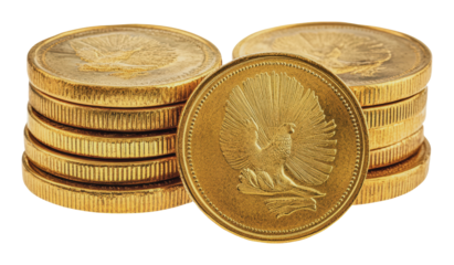 Stacks of gold coins with intricate designs, cut out - stock png.