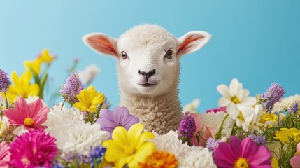 Fototapeta premium A cheerful Easter image featuring a playful lamb surrounded by vibrant spring flowers, with clear space for text