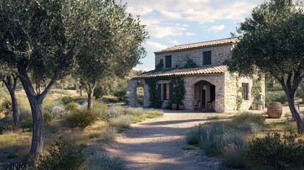 Fototapeta premium Rustic stone house nestled amongst olive trees and lavender, sunny day.