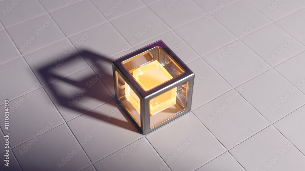 Poster glass box containing a smaller glowing cube sits on a tiled floor, casting a distinct shadow that ad