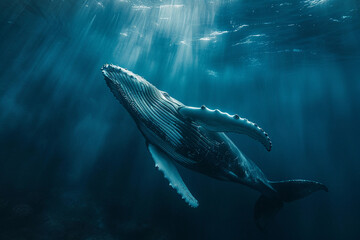 Fototapeta premium Fantastically beautiful majestic huge whale in blue ocean