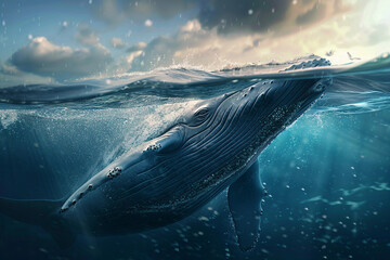 Fototapeta premium Fantastically beautiful majestic huge whale in blue ocean