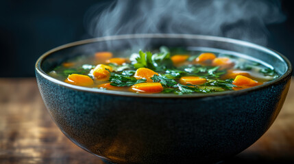Steaming bowl of vegetable broth filled with vibrant carrots and fresh herbs sits on a rustic wooden table, giving a warm and inviting feel