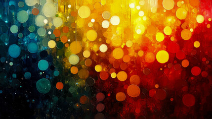 Bokeh circles of various sizes create a striking abstract background, transitioning from deep blue to fiery red, evoking a playful and energetic mood