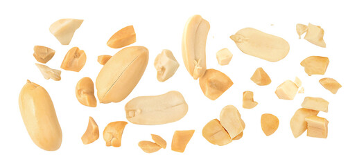 Peeled Peanuts levitating in air isolated on white background. Falling crushed peanuts. Peanut...