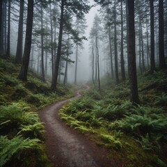 Fototapeta premium A winding trail leading through a forest, disappearing into fog-covered mountains.