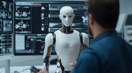 Engineers Assembling Robotics in Futuristic Setting