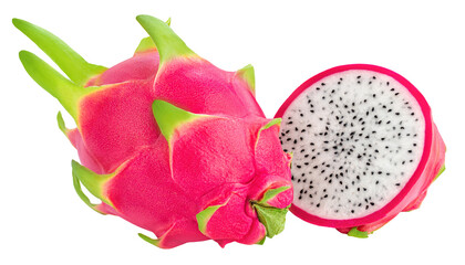 Pitaya isolated. Whole Dragon fruit or pitahaya and half  fruit on white background. DragonFruit Package design element.
