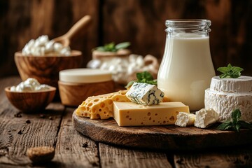 Cheese and dairy products on a wooden cutting board on a wooden background
