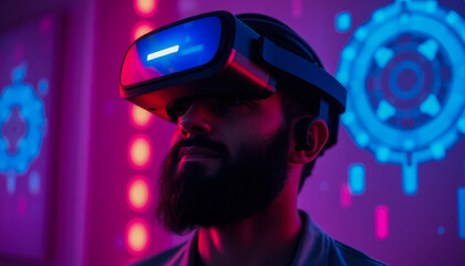 Young man with curly hair in VR helmet, in virtual reality. Gaming background.