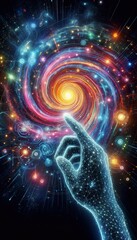 Hand interacting with a glowing, swirling galaxy-like vortex, symbolizing cosmic creation and futuristic technology