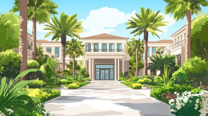 Vector art of a luxury hotel with a grand entrance, elegant design, and lush landscaping 