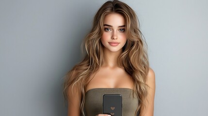 Young woman using smartphone with heart icons floating, a soft background filled with positivity and energy, representing modern social media lifestyle, detailed and vibrant look, Ultra-Realistic, 