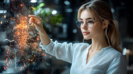 Business professional analyzing big data on a holographic display in a tech lab, with vibrant colors and detailed virtual elements, photo-realistic, ultra-realistic, highly detailed, 