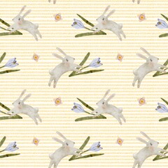 Fototapeta premium Playful watercolor pattern featuring rabbits and flowers for Easter celebrations