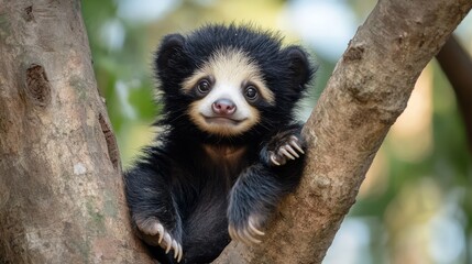 Fototapeta premium Adorable Sloth Bear: A sloth bear cub with a sweet face, sitting in a tree with a playful expression. 