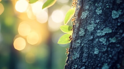 Obraz premium Ants on a tree trunk, with soft natural bokeh