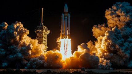 A powerful rocket ignites at a launch pad under the night sky, releasing bright flames and thick smoke as it begins its ascent into space