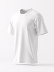 A plain white sports t-shirt mockup made from lightweight and breathable fabric, featuring short sleeves and a crew neck. Isolated on a white background with soft studio lighting. Perfect for branding
