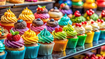 Assorted Colorful Cupcakes and Pastries on Display in a Bakery Setting with Copy Space for Sweets and Dessert Promotion, Perfect for Food Blogs and Social Media Marketing