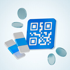 3D Illustration of QR Code with Bundled Cash and Floating Coins, Representing Digital Payments and Financial Transactions