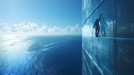 Window cleaner ocean view action urban high angle adventure