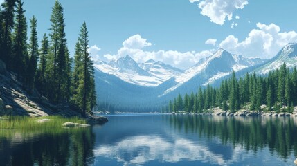 A peaceful lake surrounded by pine trees and distant mountains under a bright, clear sky.