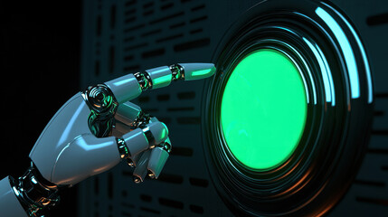 Hand pressing green button. A robotic hand is poised to press a glowing green button, symbolizing technology and automation in a sleek environment.