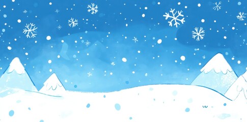 A Serene Winter Landscape with Snow-Capped Mountains and Falling Snowflakes