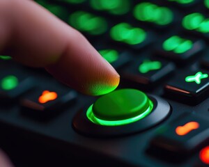 Hand pressing green button. A close-up of a finger pressing a green illuminated button on a gaming keyboard, surrounded by vibrant green keys.