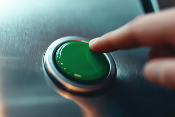Hand pressing green button. A close-up of a finger pressing a green button on a metallic surface, symbolizing interaction and technology.