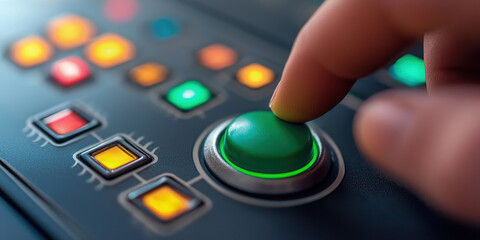Hand pressing green button. A close-up of a hand pressing a green button on a control panel, surrounded by colorful lights and buttons, suggesting activation or control.