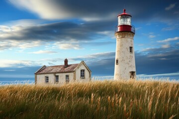 Lighthouse standing tall against a dramatic sky at sunset near coastal grassland