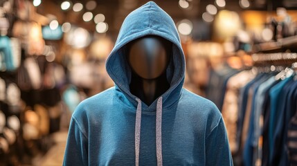 Obraz premium Stylish Blue Hoodie on Mannequin with Blurred Store Background