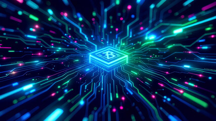 Fototapeta premium Quantum computer technologies concept,Seamless Block Data Connection Network,Block validation in the blockchain,Abstract Blockchain Network Background