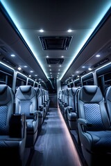 Minimalist luxury bus interior with spacious seating and modern finishes. Soft lighting and clean lines for a stylish long-distance travel experience.