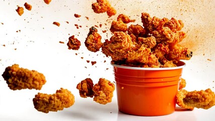 Delicious crispy fried chicken in orange bucket fast food snack meal bursting with vibrant colors and textures, evoking excitement and indulgence.