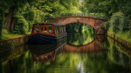 A narrowboat drifting slowly along a canal, with brick bridges and green trees lining the waterway. © Aisha