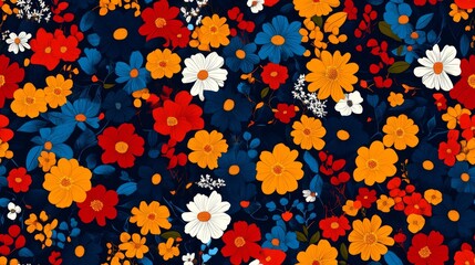 Vibrant floral pattern with red orange blue and white flowers