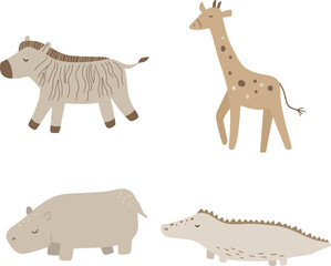 Cute safari animals crocodile, zebra, giraffe, hippo. Vector illustration for design, print, pattern, isolated on white background