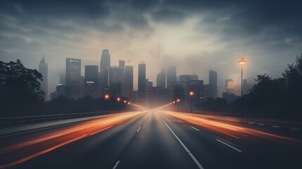 Fototapeta premium A dramatic long exposure shot of a nighttime scene with ambient city lights. The background is a soft gradient of colors, with the subject in the center and empty space ,generative ai illustration