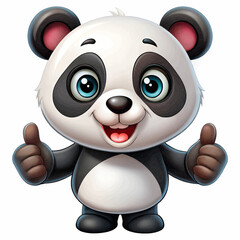Obraz premium Cartoon little kawaii panda with a raised finger up on a white background